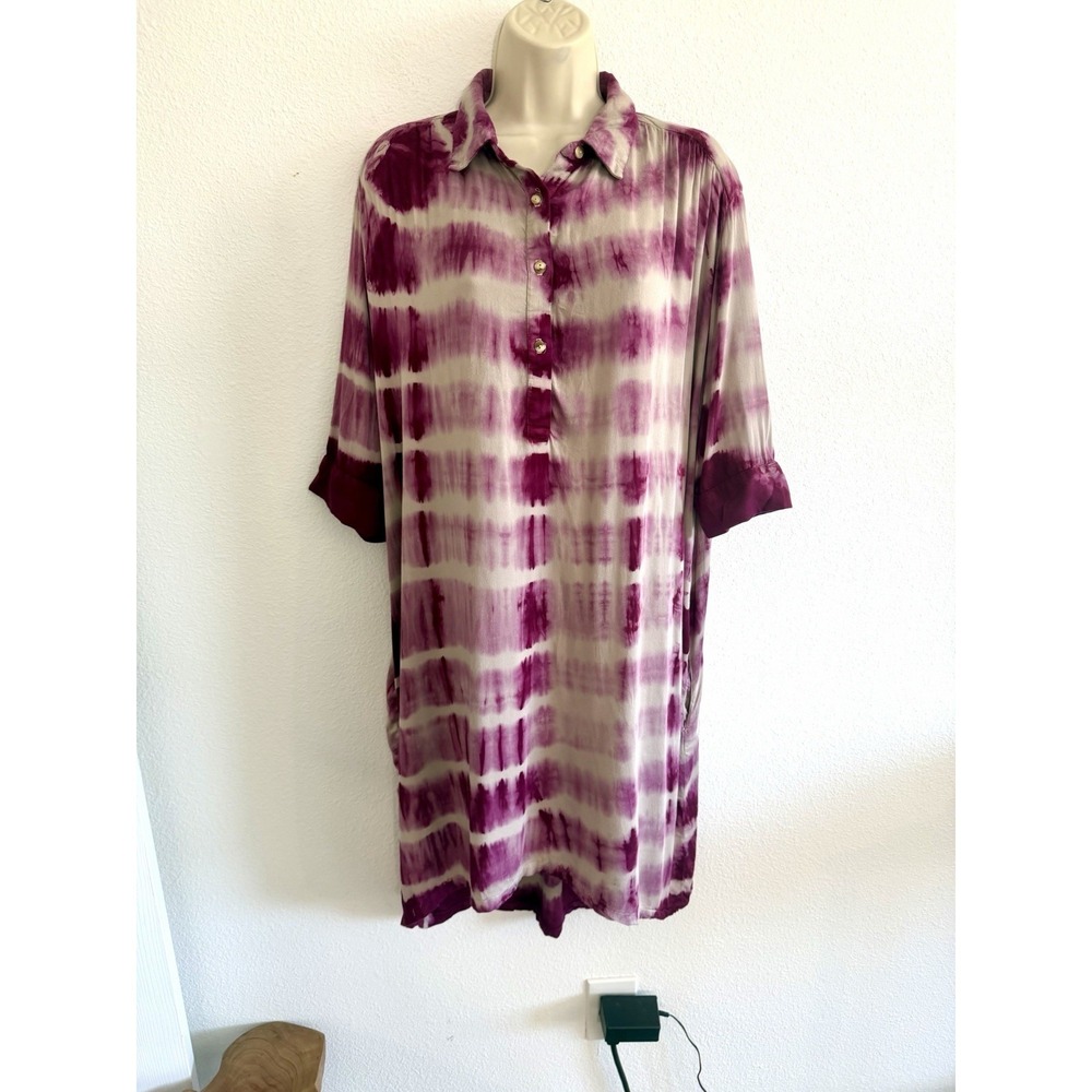 The Odells Dress Sz S Purple Tie Dye Midi Shirtdress Button Up Collared Relaxed